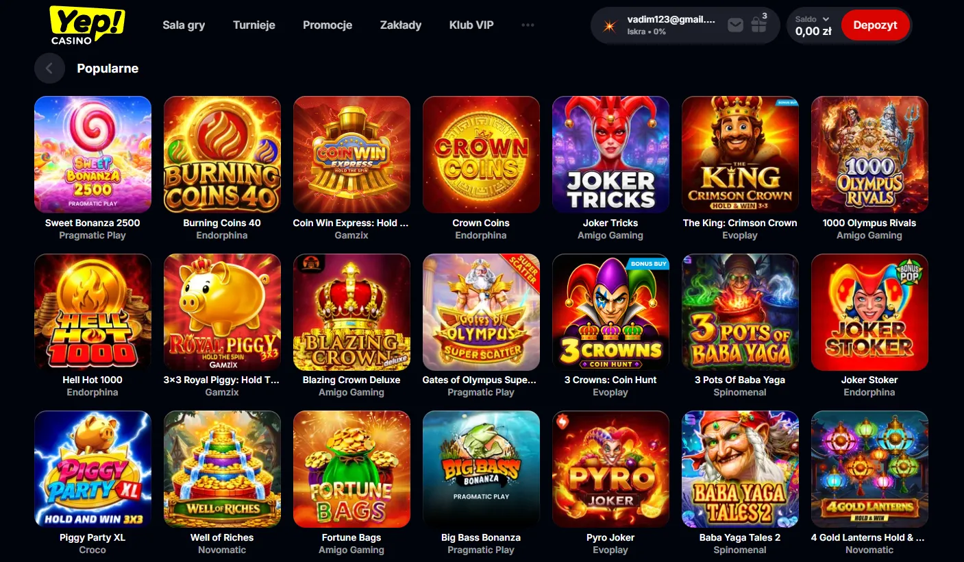 Automaty, gry na żywo i dostawcy w kasynie Yep — Yep Casino